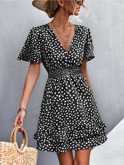 V Neck Mini Dress for Slim Short Dresses Female Lotus Leaf Sleeve Dress