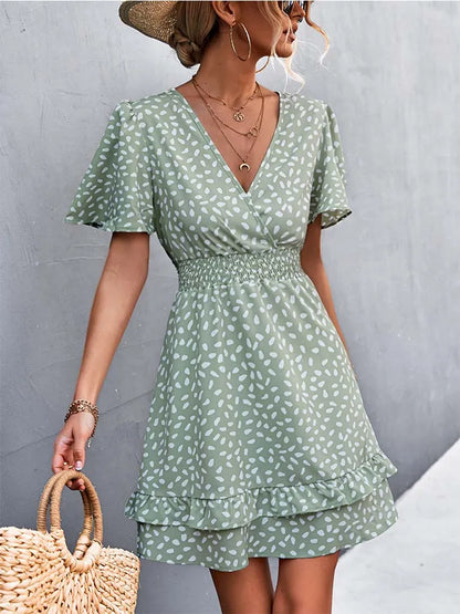 V Neck Mini Dress for Slim Short Dresses Female Lotus Leaf Sleeve Dress
