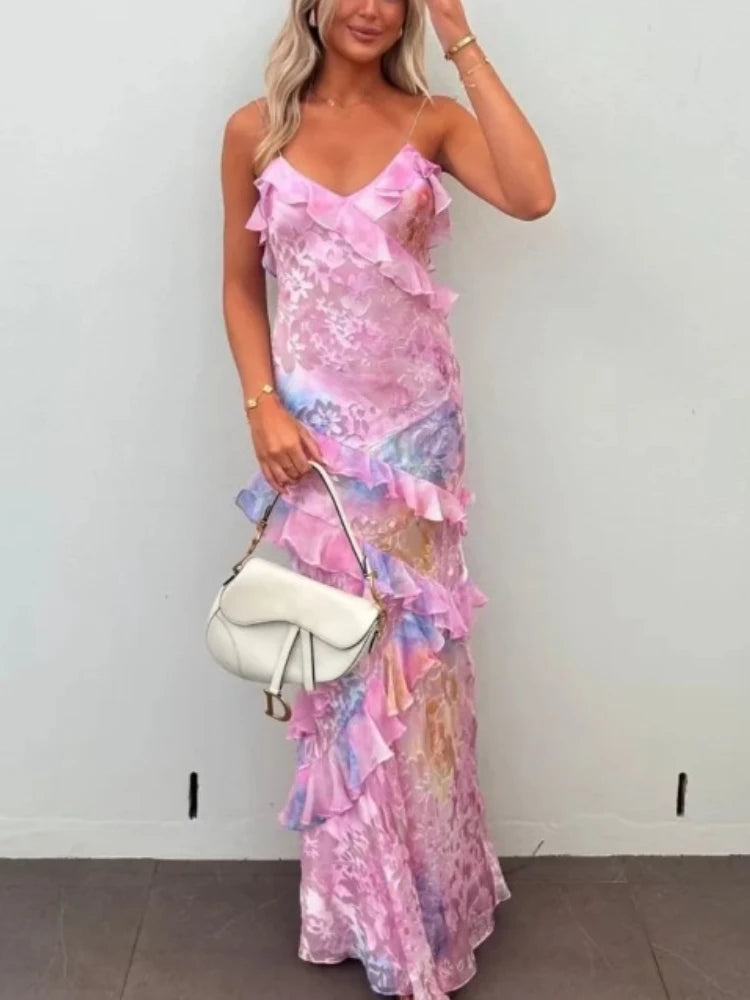 V-neck Backless Sleeveless Long Dresses Fashionable High Waist Slim Party Dress Print ’s Evening Dress