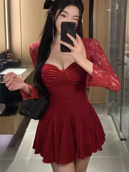 Velet Mini Dress Mesh Pactwork Long Sleeves Square Collar High Waist A-line Autumn Spring Evening Party Vestidos New