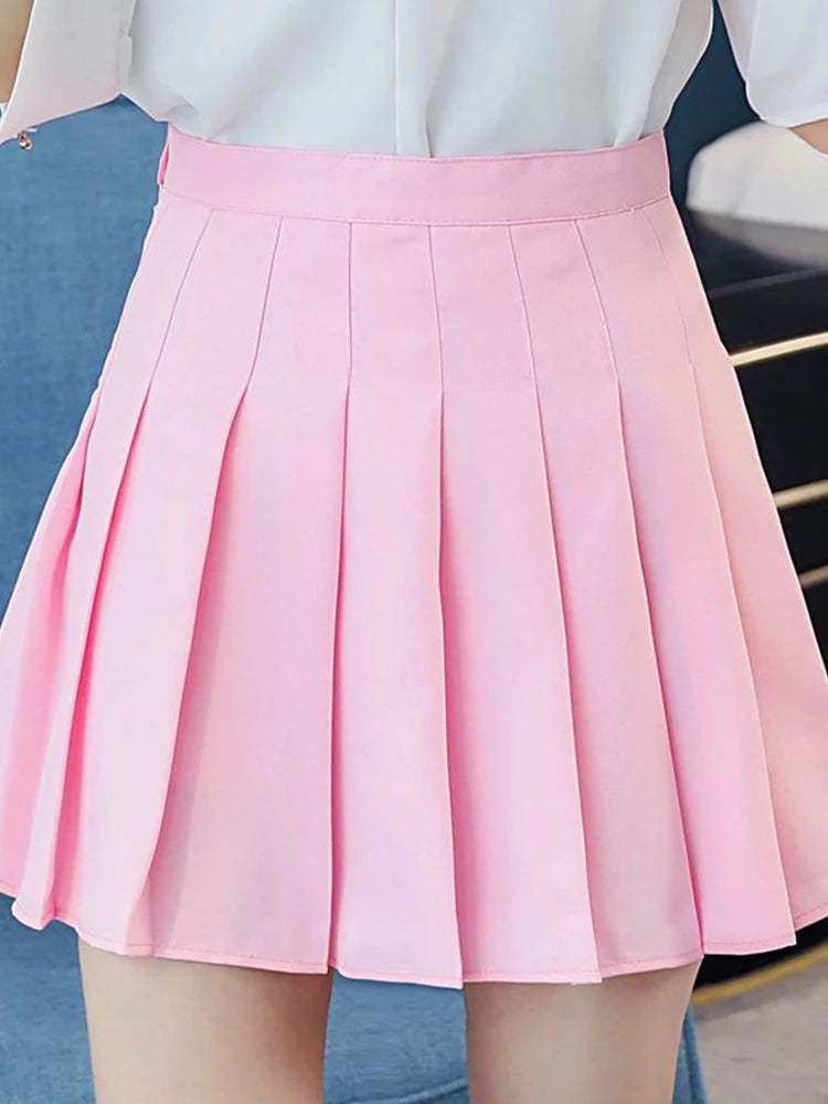 Pleated Skirt Summer High Waist a Line Pink Mini Skirt Korean Zipper Preppy Style Dance Skirt