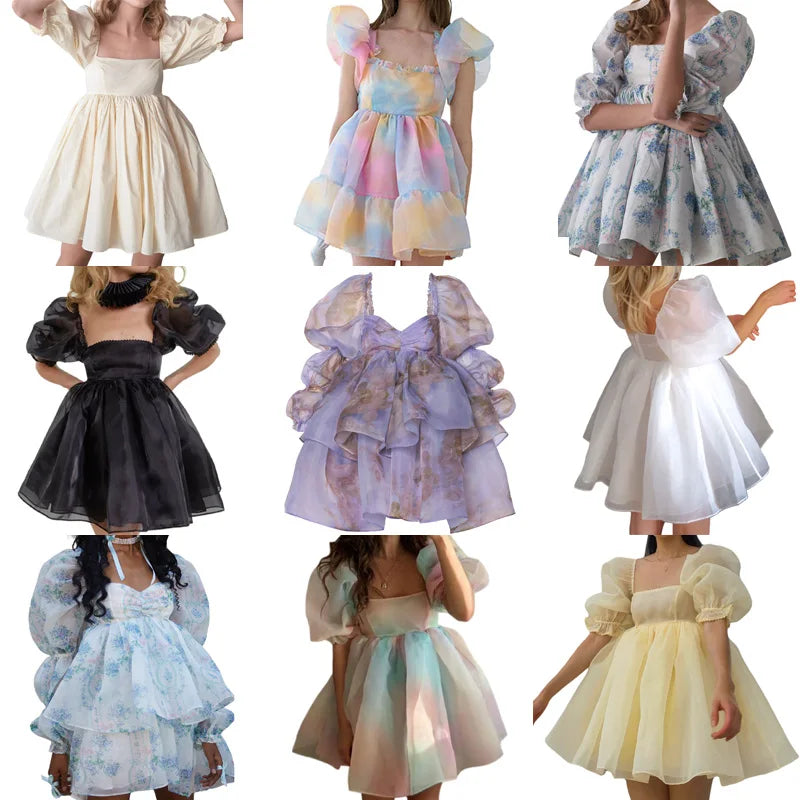 Kawaii Puff Sleeve Tulle Princess Dress Off Shoulder Square Collar Mini Dress Puffy Mesh Party Prom Evening Dress