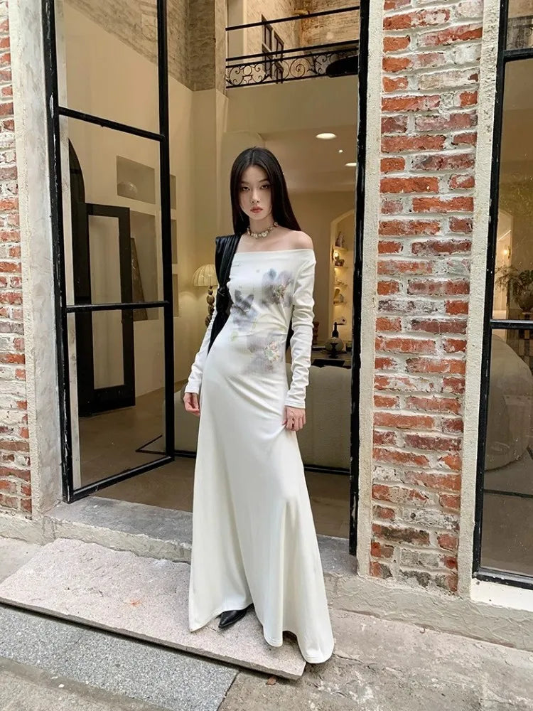 Ink Blue Blended Long Dress for in Autumn and Winter, With a Highend Feel and Printed Elastic One Neck Knitted Dress