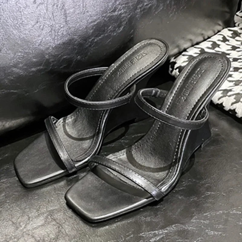 Wedge Heeled Sandals Slingback Slide Slippers Summer Square Toe High Heels Party Dress Shoes Sandalias