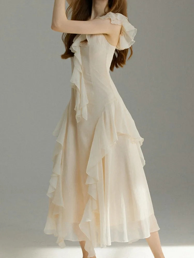 French Ruffles Midi Dress Summer New Sleeveless Vneck Holiday Beach Style Aline Party Prom Robe Vestido Mujer