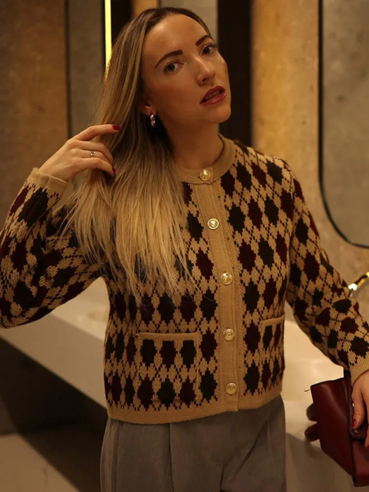 Check Plaid Knitted Cardigans Single Breasted Loose Sweaters Long Sleeve Coats Winter Lady Tops