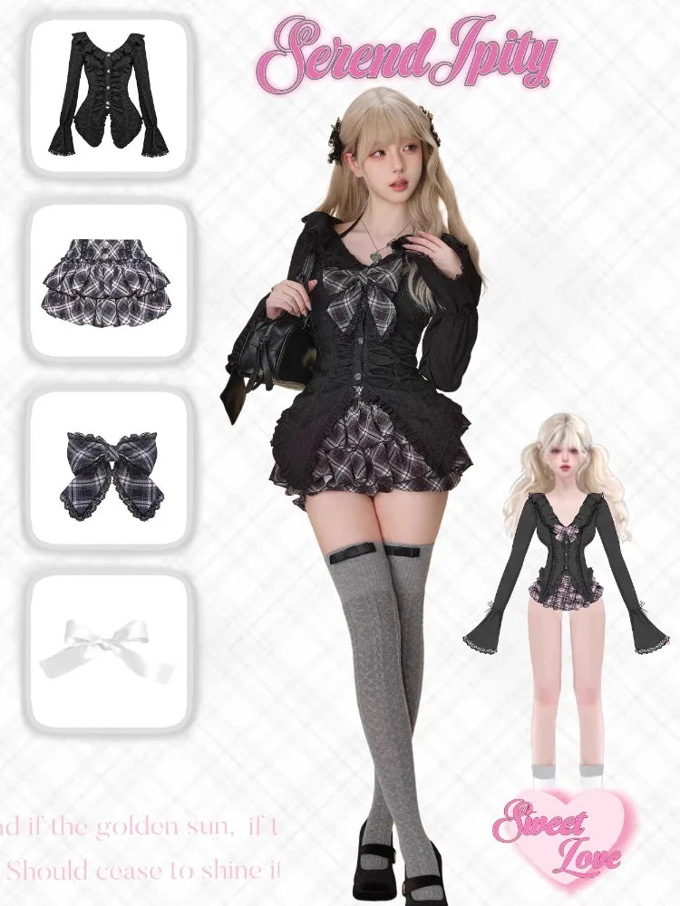 2000s American Suits Design Black Shirts Long Sleeve Cardigan + High Waist Plaid Skirt 3 Piece Suit Korean