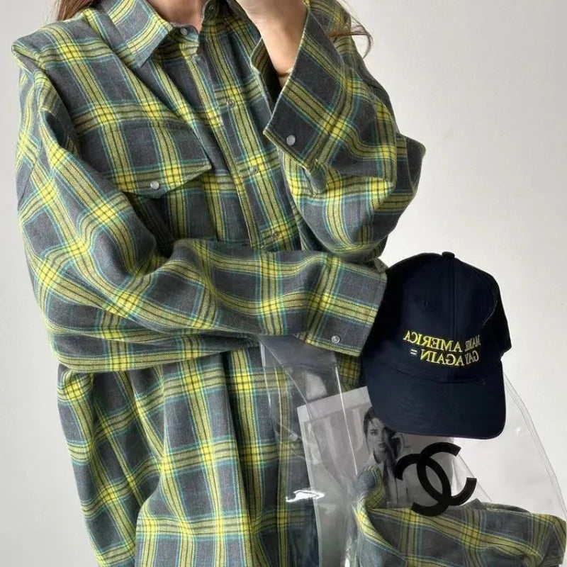 Summer Oversized Plaid Shirt Long Sleeve Loose Fit Blouse Autumn Female Office Shirt Tops for Woman
