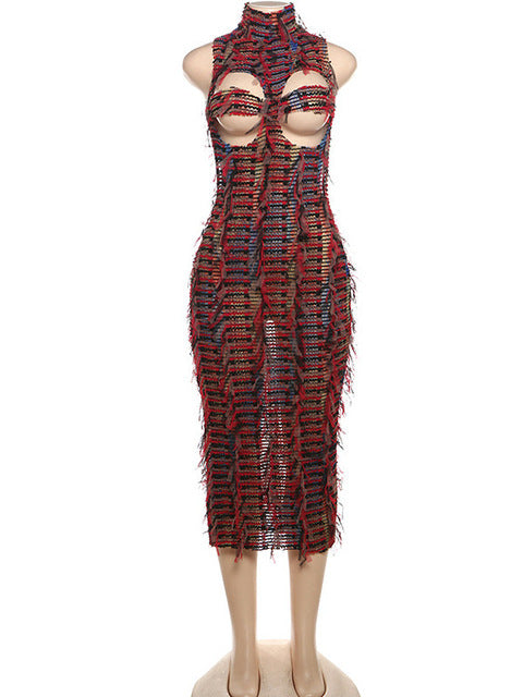 Sleeveless Hollow Out Bodycon Long Dress for New High Neck Street High Waist Slim Vestidos