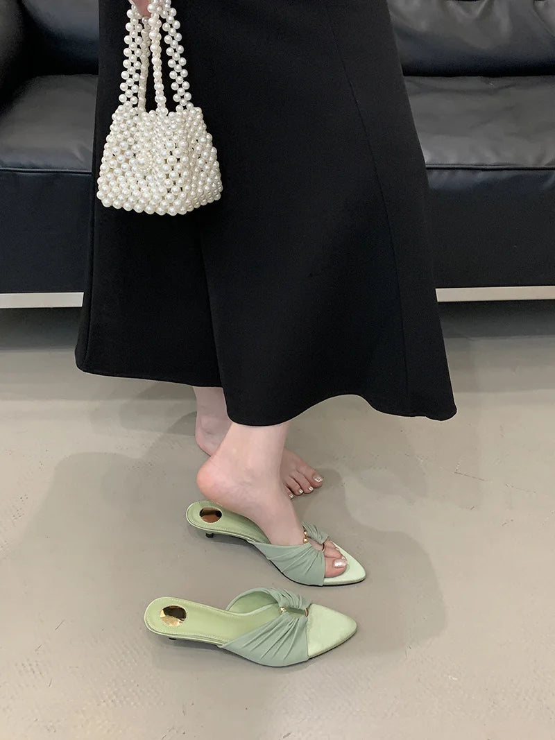 Pleated Silk Hollow Out Metal Buckle Slippers Sandal Summer Pointed Toe Low Thin Heels Beach Party Female Shoes