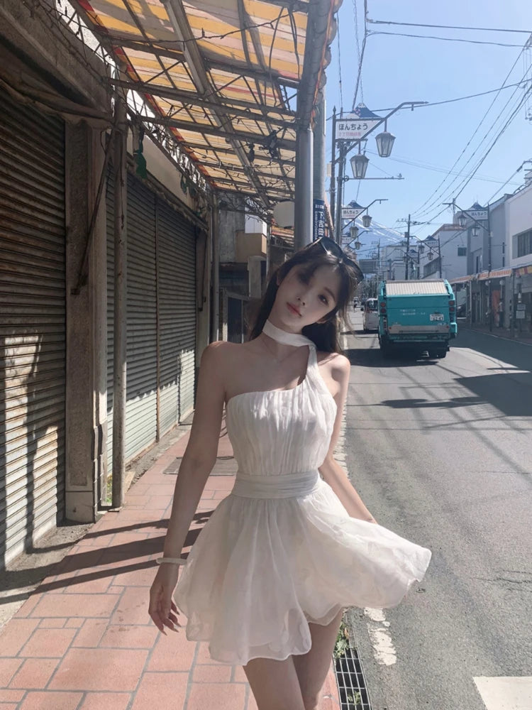Sweet Blue Chiffon Dress Beach White Midi Dress Korean Evening Party Sleeveless Y2k Summer