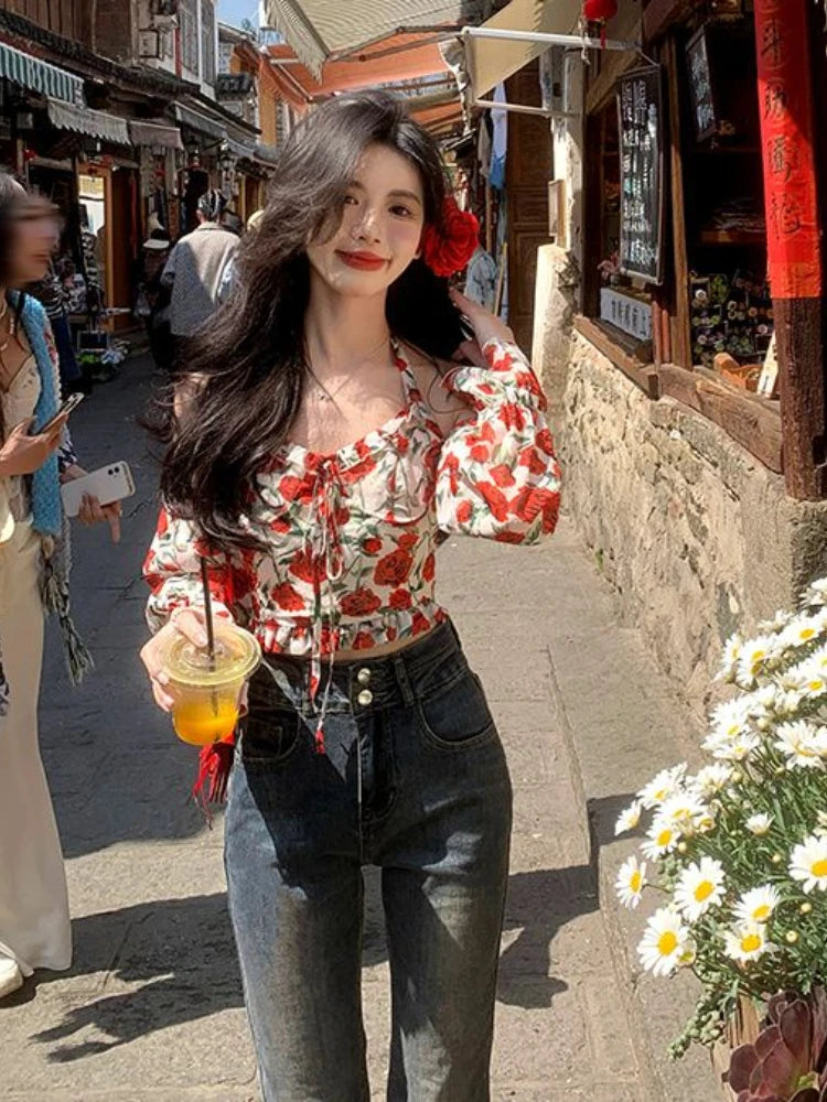 Summer French Vest Office Lady Y2k Crop Top Design Vneck Blouse Outwear Korean