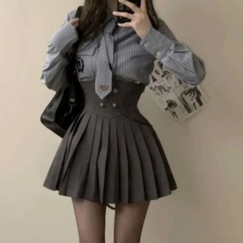 Autumn New 3 Piece Set Kawaii Skirt Suits Female Short Coat Pleated Mini Skirt Striped Shirt Y2k Korean Outfits