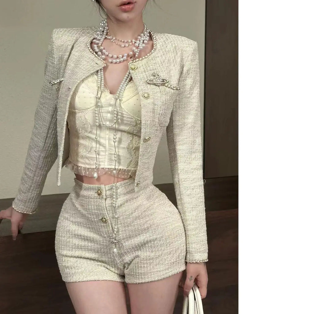 Sweet Hot Girl Tweed Suit Autumn Oneck Longsleeved Jacket High Waisted Shorts Twopiece Set Female Clothes