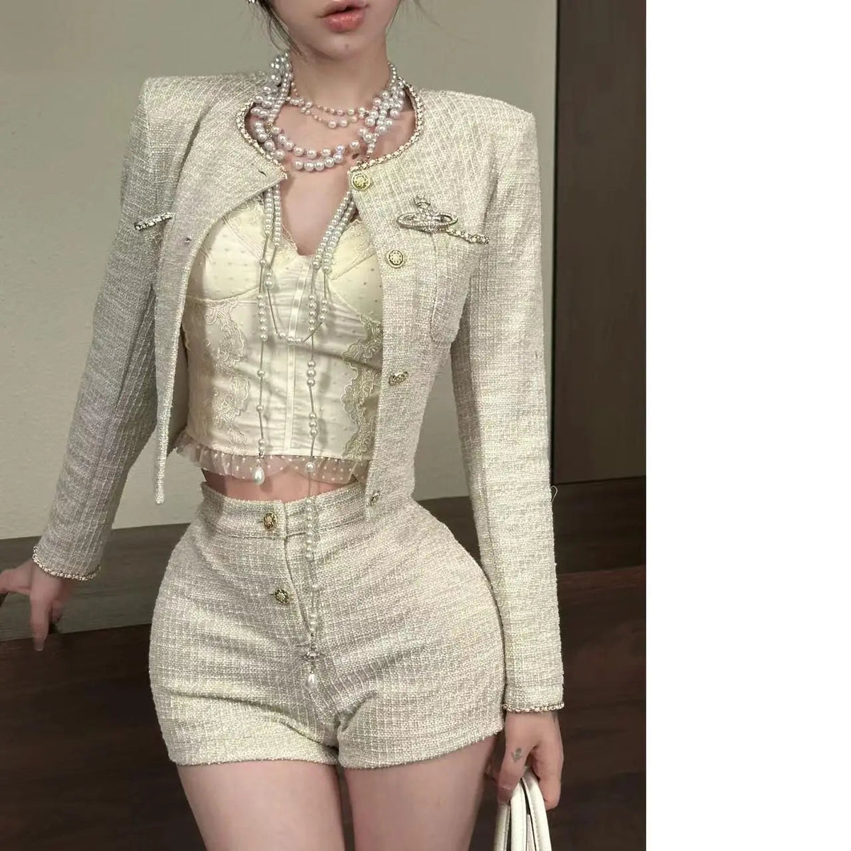 Sweet Hot Girl Tweed Suit Autumn Oneck Longsleeved Jacket High Waisted Shorts Twopiece Set Female Clothes