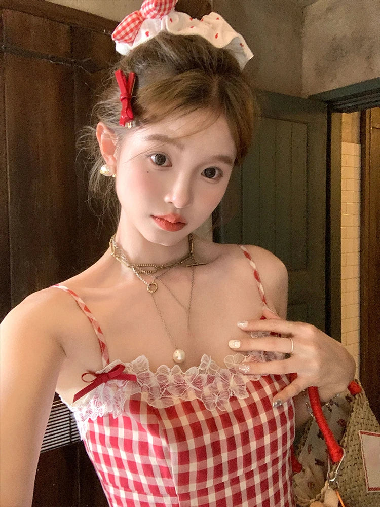 Evening Party Y2k Plaid Mini Dress Sweet Lace Japanese Kawaii Strap Dresses Korean Summer