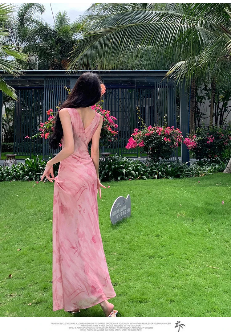 Print Long Dresses Vneck Sleeveless Bodycon Evening Party Dress New Slim Waist Vestidos Mujer New Robe
