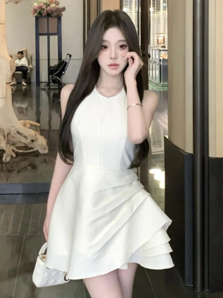 Halter Irregular Jumpsuit Dresses Sweet White Backless Birthday Party Mini Dress Female Pleated Aline Short Vestidos