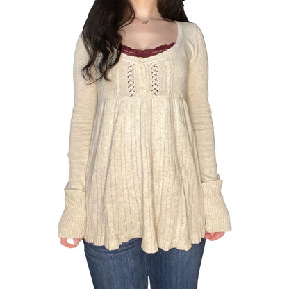 2000s Long Sleeve Babydoll Knitted Sweater Tops Cottage Milkmaid Pullovers Aesthetic Grunge Y2k Knitwear T-shirts