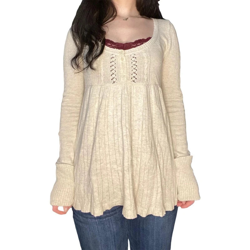 2000s Long Sleeve Babydoll Knitted Sweater Tops Cottage Milkmaid Pullovers Aesthetic Grunge Y2k Knitwear T-shirts