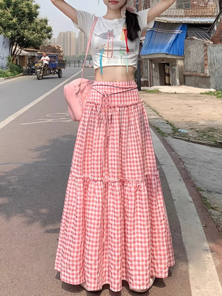Color Blocking Plaid Design Skirt Summer New Elastic Waist Long Skirt Korean Pastoral Style Aline Skirt