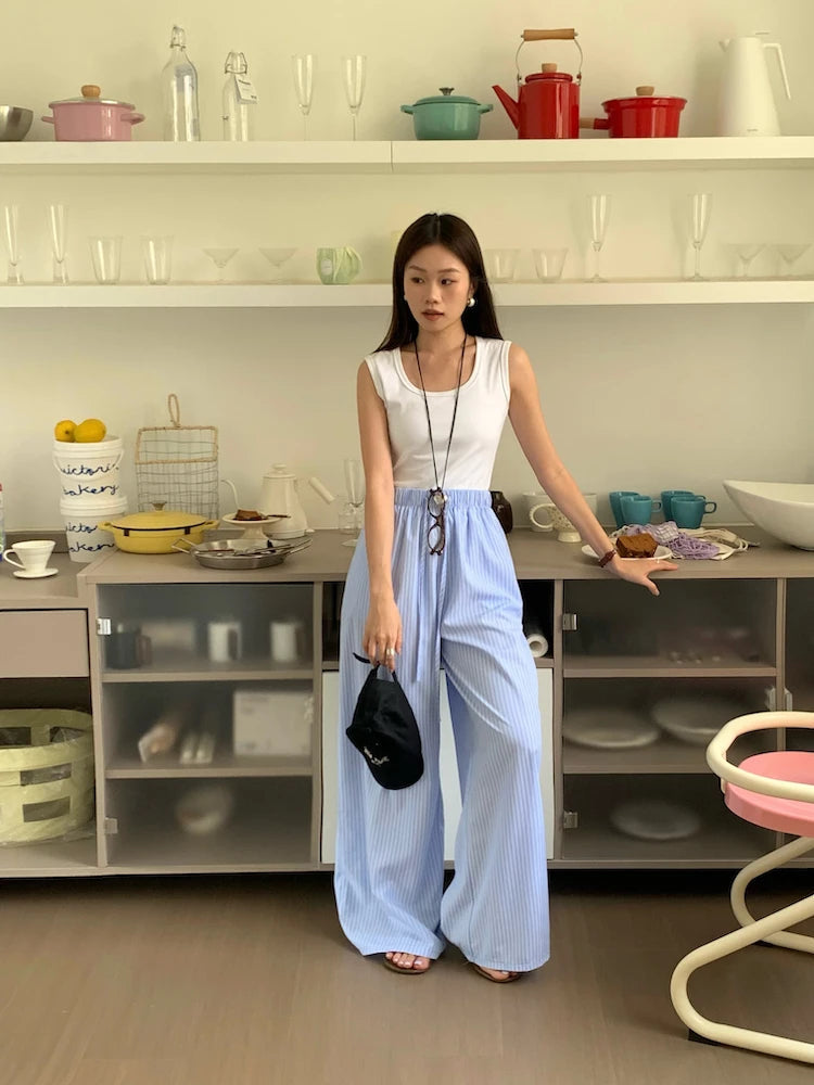 Korean Summer Age Reducing Temperament Elastic Waist Drawstring Loose Versatile Striped Pants Floor