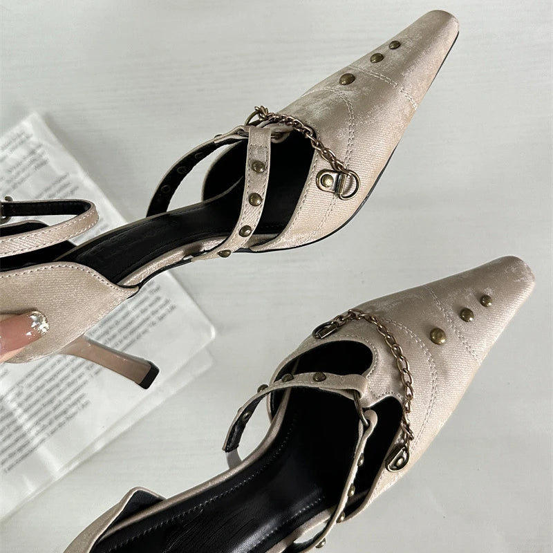 Retro Rivets Metal Chain High Heels Thin Heel Party Dress Shoes Office Shoes Pointed Toe Pump Sandals