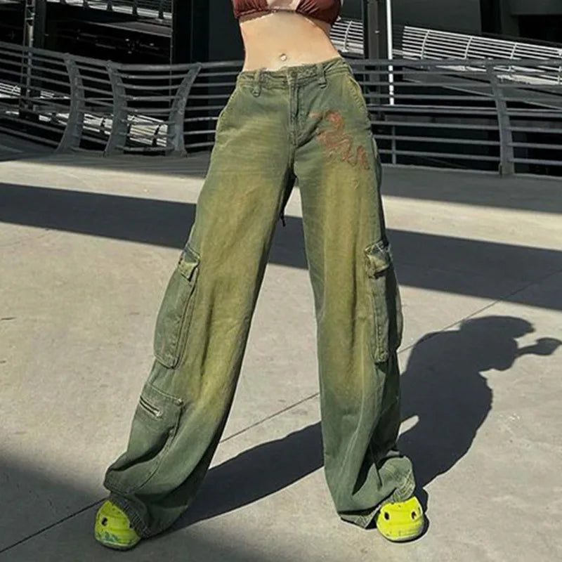 Grunge Fairycore Cargo Pants Denim Y2k Aesthetic Dragon Embroidery Jeans Baggy Distressed Trousers