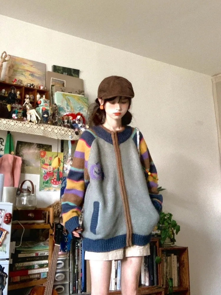 Contrast Color Rainbow Striped Sweater Female Pull Femme Knitted Cardigan Crew Neck Zipper Loose Thicken Coat