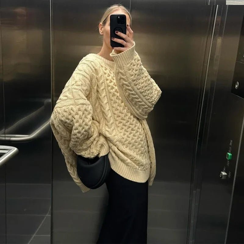 Oversized Knit Twist Pullovers Loose Lazy O-neck Long Sleeve Sweaters Female Autumn New Street Knitwear