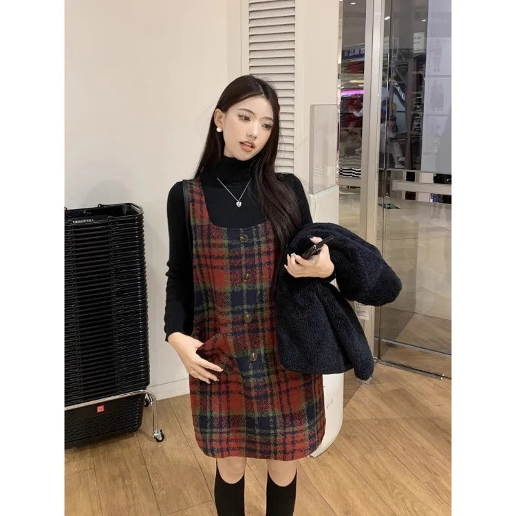 Christmas Red Plaid Strap Dress Female Autumn Winter New Dresses Slimming Sweet Age Reduction Woolen Base Skirt