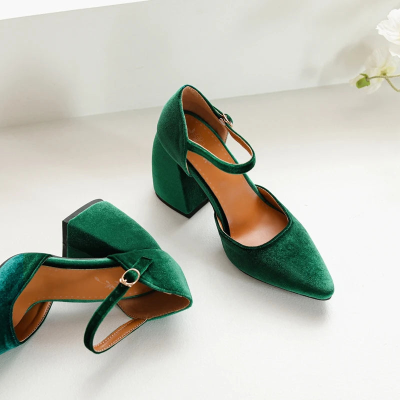 Velvet High Heels Shoes Female Ankle Straps Black Green Heeled Pointy Party Shoe Dress Pumps 45