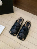 Slippers Summer Shoes Low Slides Cover Toe Pantofle Fretwork Heels Flat Rubber Pu Fabric Hoof Shoes Wo