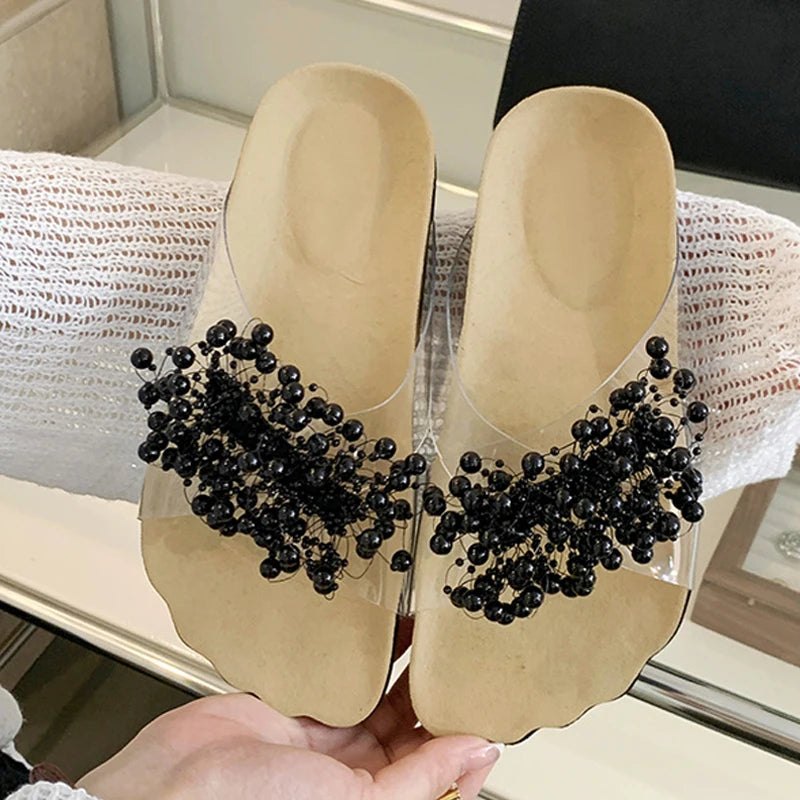 New Green Pearl Designer Slides Transparent Slippers Cozy Wide Open Toe Low Heels Beach Shoes Gladiator Sandals