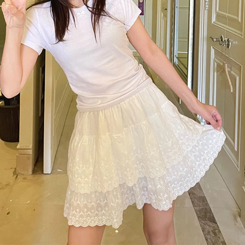 Korean Sweet Hook Flower Hollow Cake Skirt Summer New High Waist Color All Match Lace Aline Skirt