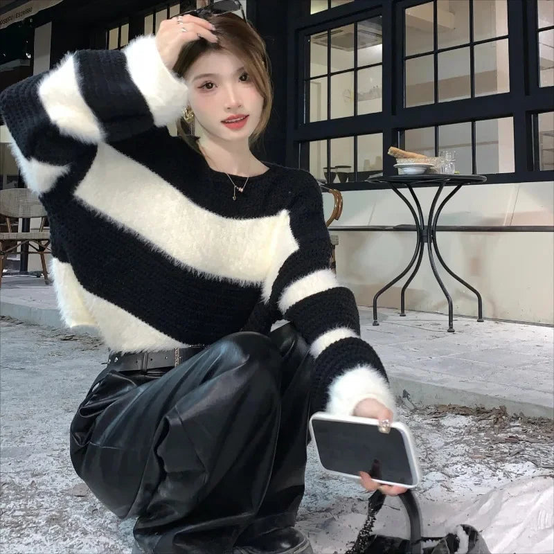 High Street Loose Soft Cashmere Long Sleeve Sweater Winter New Oneck Contrast Color Striped Knitted Crop Tops