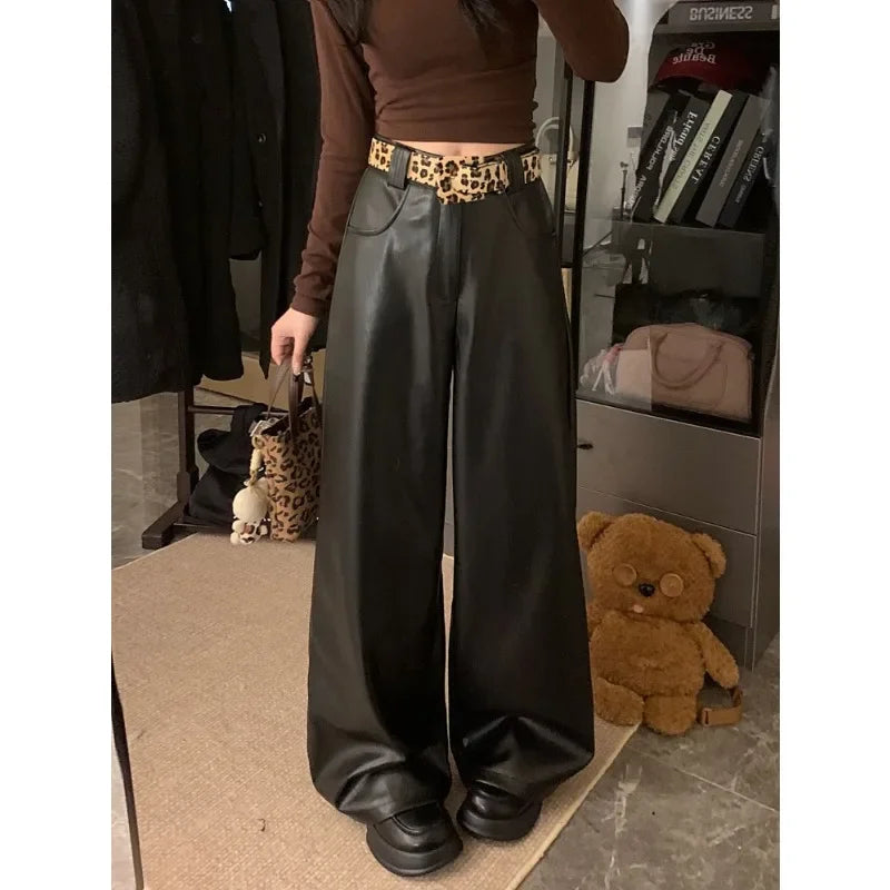 Color Allmatch Leather Wide Leg Pants Winter New High Waist Leopard Belt Loose Pants