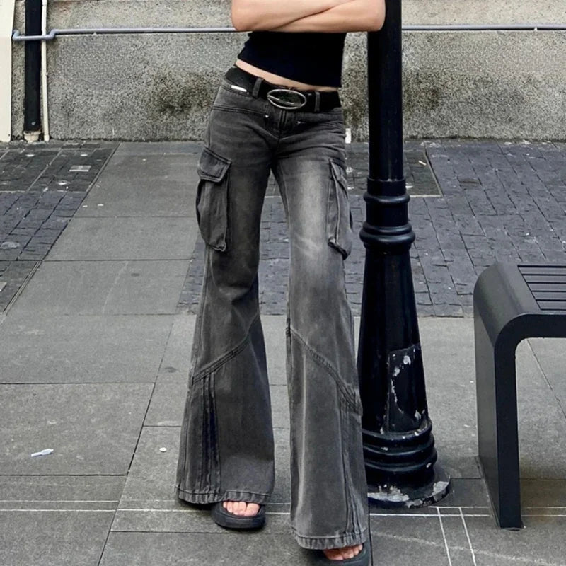 Distressed Washed Loose Cargo Jeans Spring New Korean Low Waist Pleated Denim Wide Leg Pants