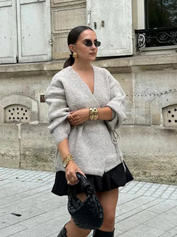 Lace Up Knitted Cardigan V Neck Long Sleeve Loose Sweater Winter New Female