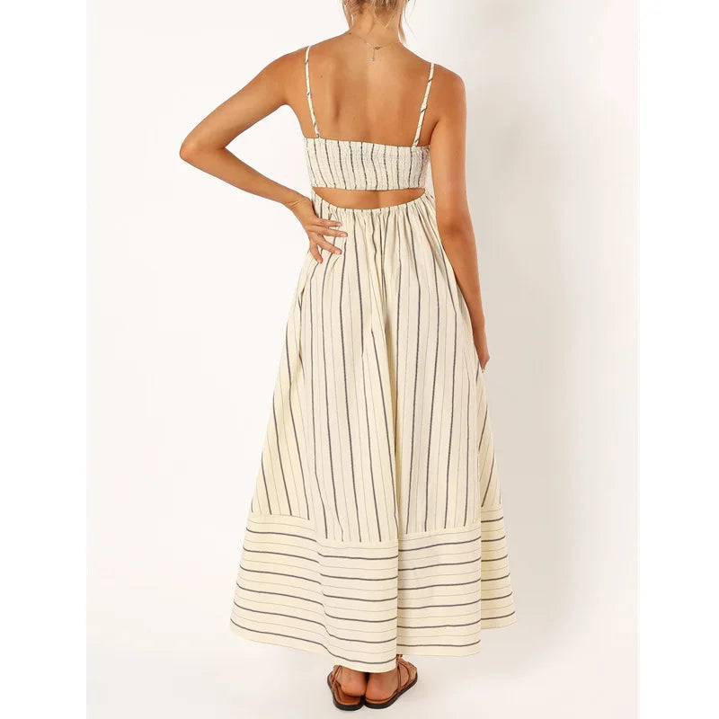 Vacation Dresses Summer Striped Spaghetti Strap Sleeveless High Waist a Line Long Dresses Party Clubwear