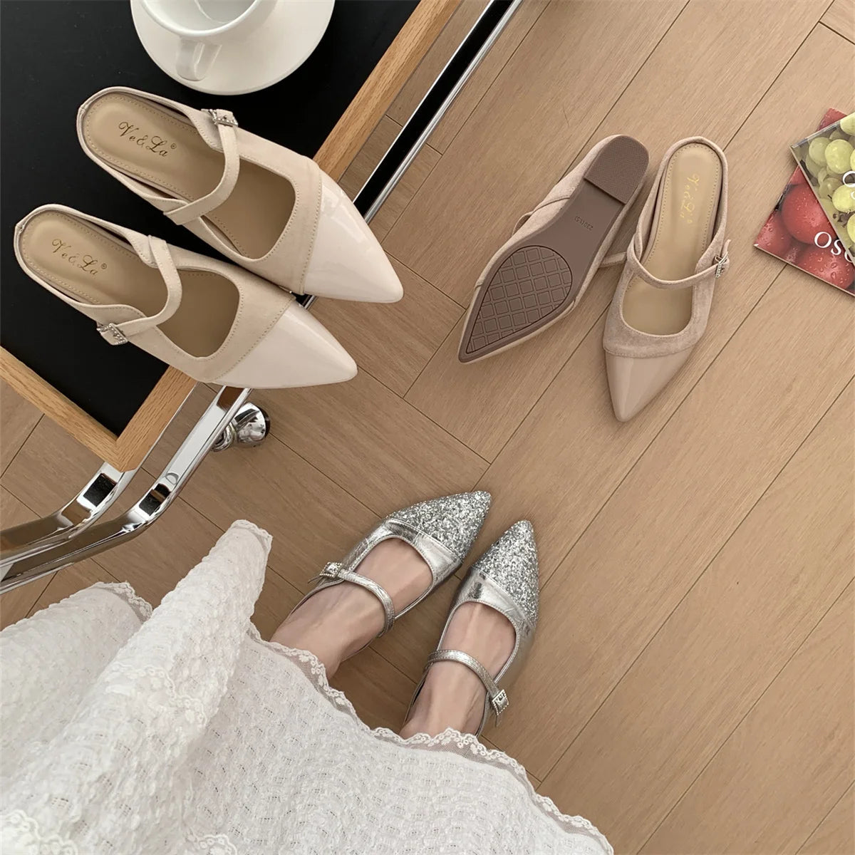 Shoes Woman's Slippers Pointed Toe Slides Silver Cover Flat Scandals Bling Slippers Shoes Cover Toe S