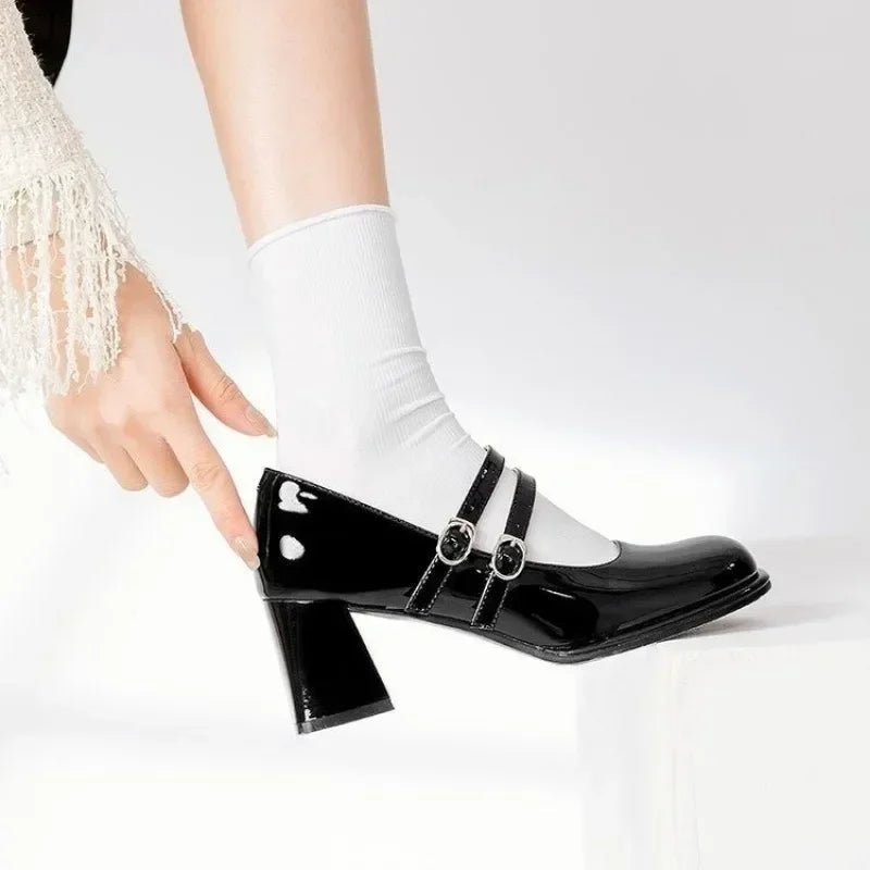 Mary Jane Shoes Square Toe High Heels Buckle Single Shoes Shallow Mouth Designer Party Dress Shoes