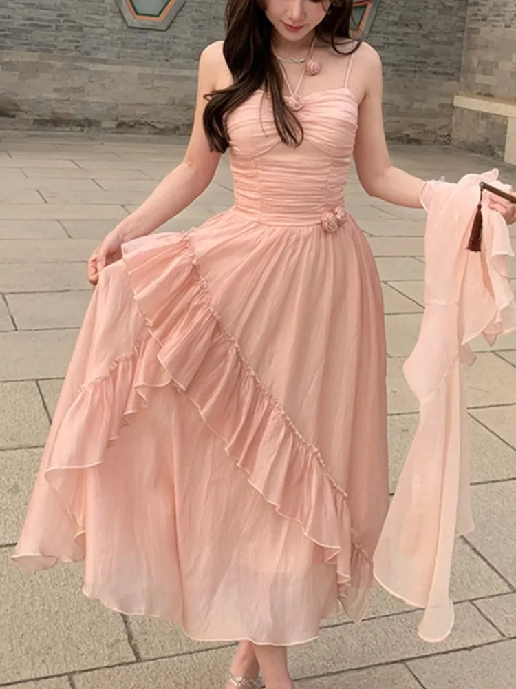 Summer French Midi Dresses Folds Ruffle Party Prom Robe Fairycore Neck Mounted New Dress