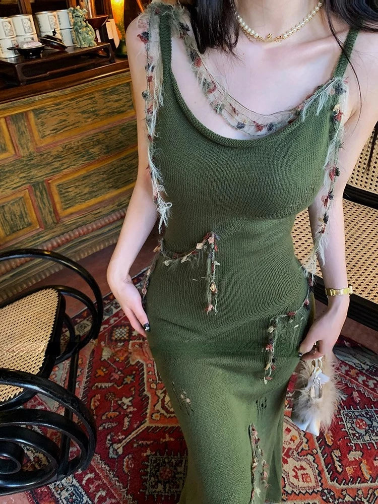 2000s Y2k Midi Dress Bodycon Knitted Dress Even Party Korean Outwear Summer Sleeveless