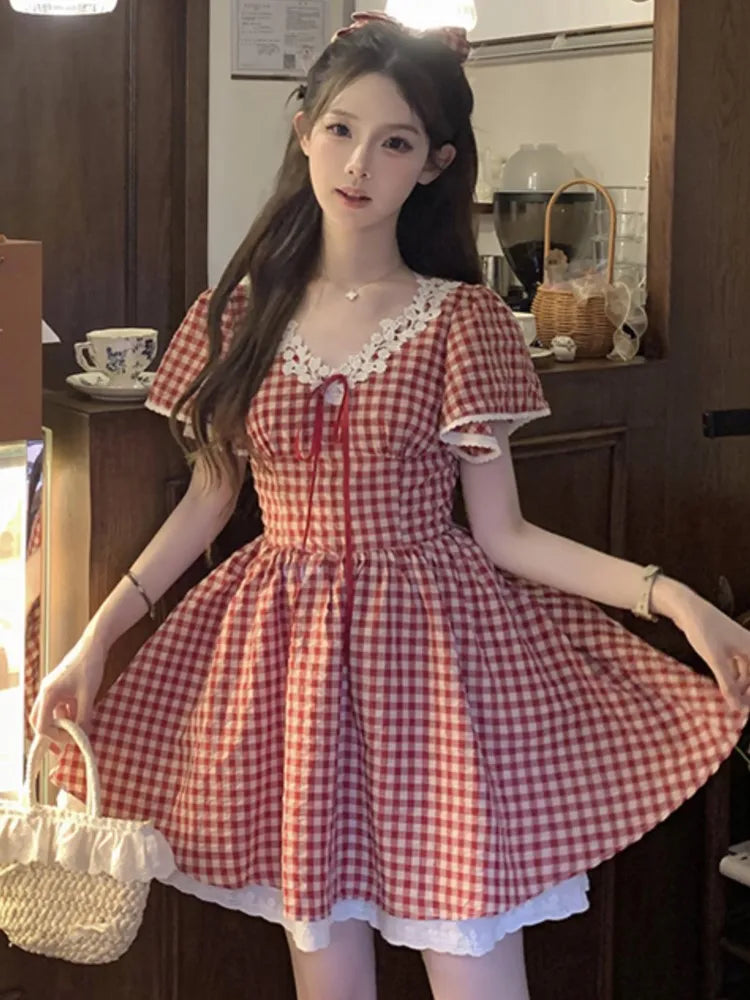 Red Plaid Midi Dresses for Lace Patchwork Vneck Aline Sweet Summer New Party Dress Kawaii Vestidos Mujer