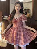 Red Plaid Midi Dresses for Lace Patchwork Vneck Aline Sweet Summer New Party Dress Kawaii Vestidos Mujer
