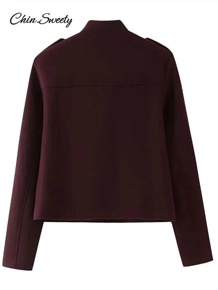 Burgundy Color Woolen Jacket for Stand Collar Single Breasted Pocket Thick Short Coat Autumn Lady Commute Outwear New