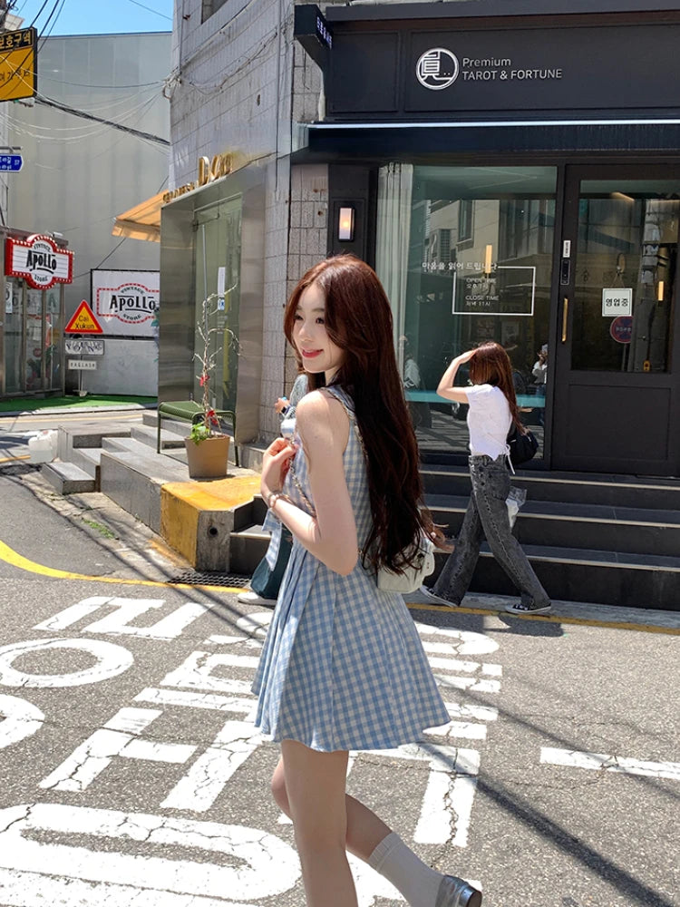 Summer Sweet Plaid Y2k Mini Dress Bow Sleeveless Japanese Kawaii Dresses Beach Party