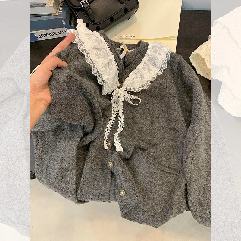 Sweet Kawaii Sweater Gray Lace Doll Neck Knit Cardigan Clothing Autumnwinter Soft Lazy Vneck Coat