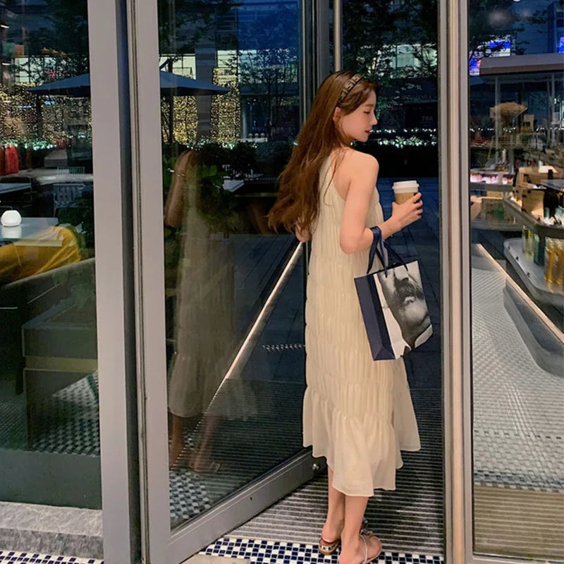 Sleeveless Chiffon Dress Round Neck Aline Shape Striped Slim Long Dress Daywear Color Female Summer